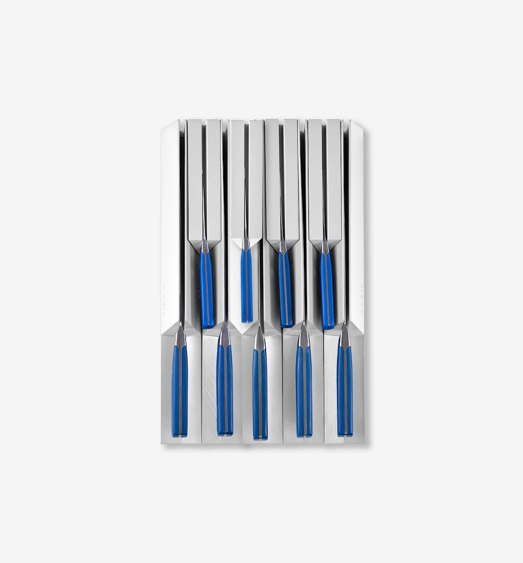 Set of knives with blue handles stored in a stainless steel knife block organizer
