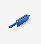 Blue knife sharpener block with matching blue handle kitchen knife inserted