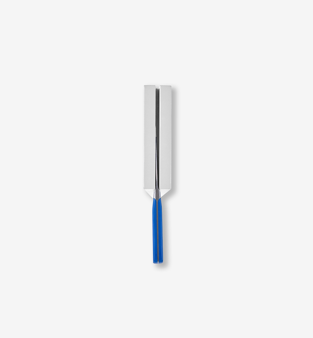Tuning fork with blue handle and polished silver tines