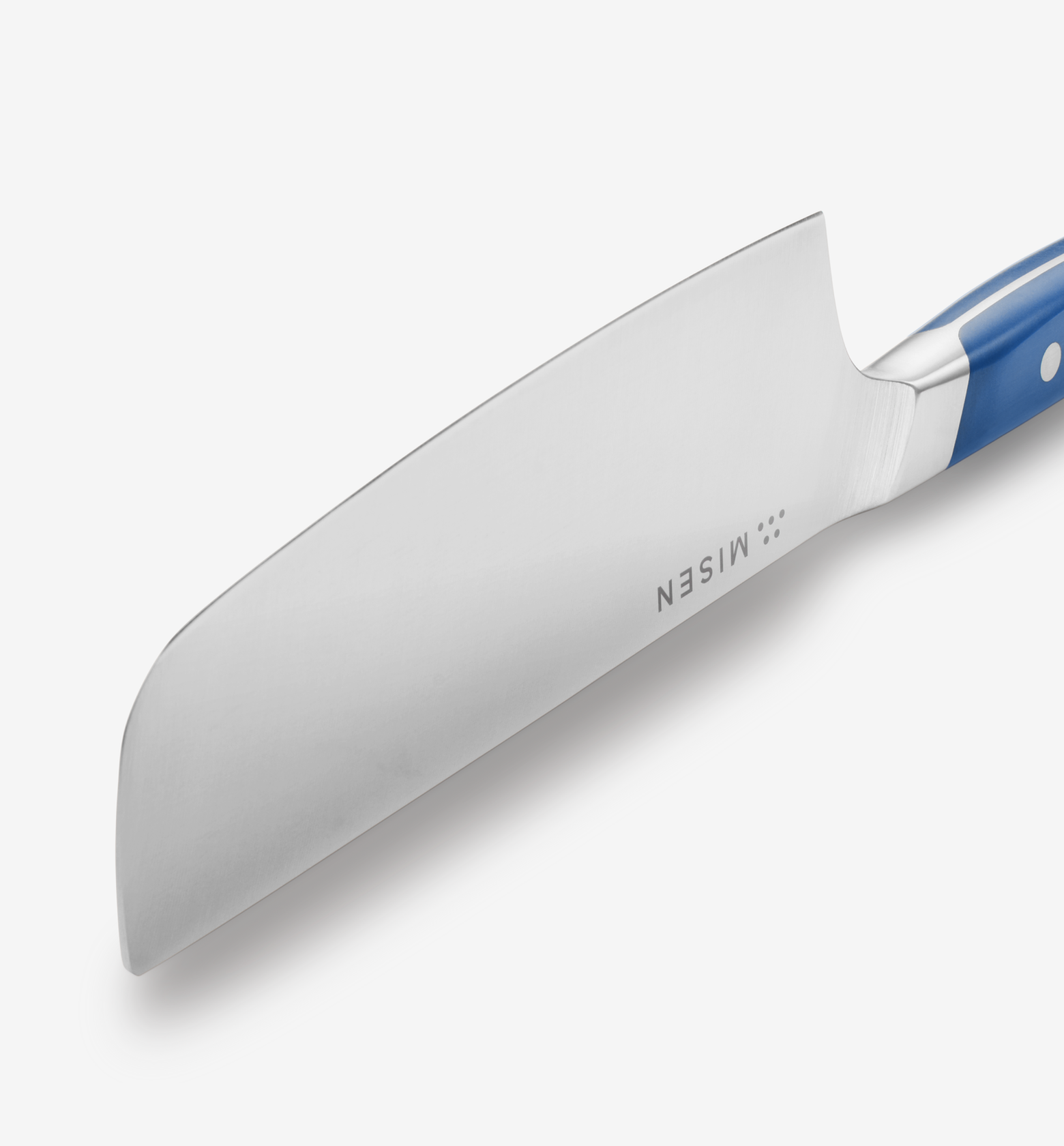 Misen santoku knife blade close-up with blue handle