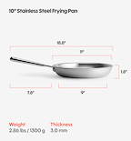 10 inch stainless steel frying pan dimensions: 18.8 inches total length, 11 inch diameter, 1.8 inch depth, 2.86 lbs, 3mm thick