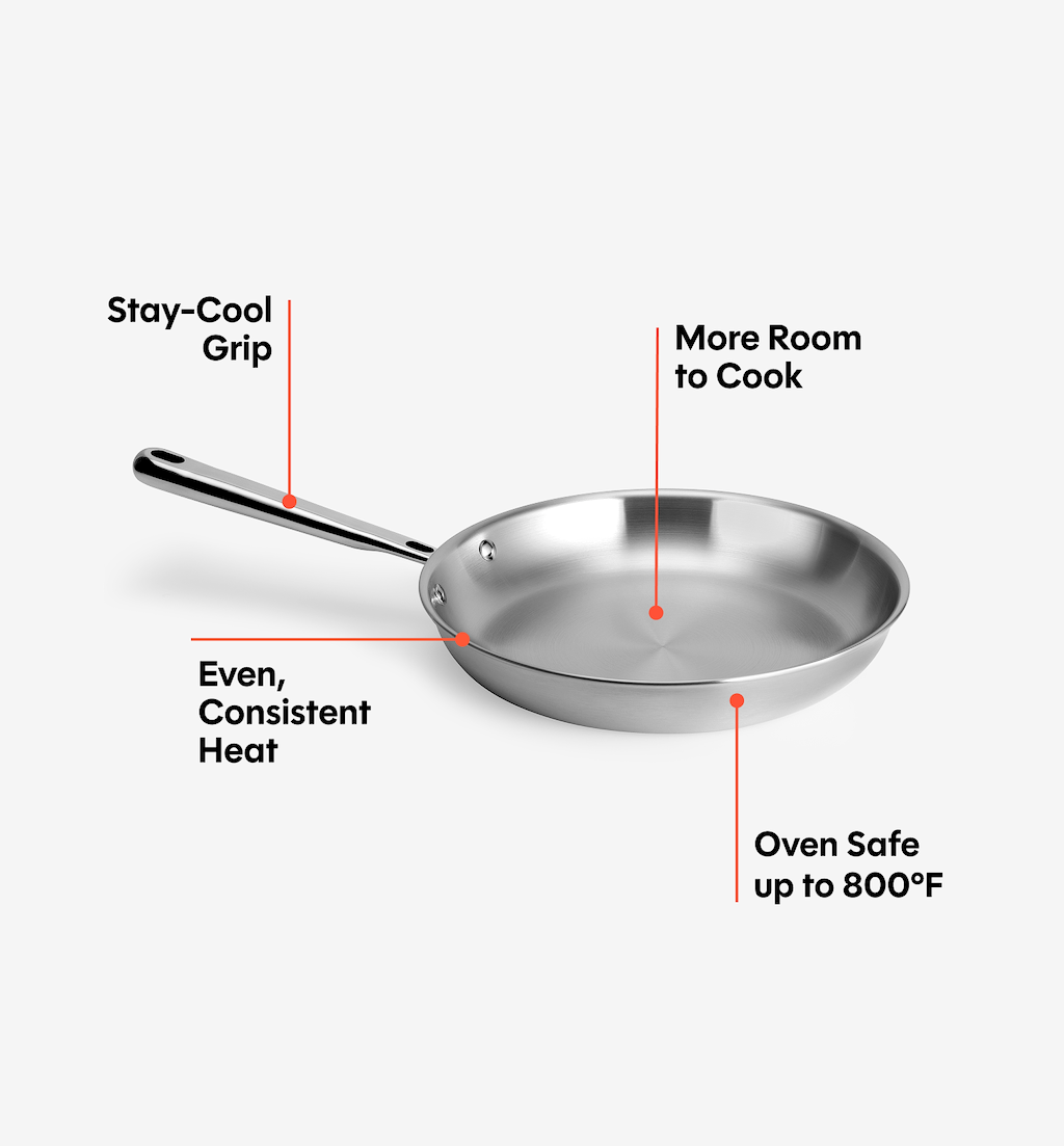 Stainless steel skillet with stay-cool grip, even heat distribution, oven safe to 800°F