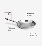 Stainless steel skillet with stay-cool grip, even heat distribution, oven safe to 800°F