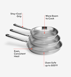 Stainless steel frying pan set with stay-cool grip, even heat distribution, oven safe to 800°F