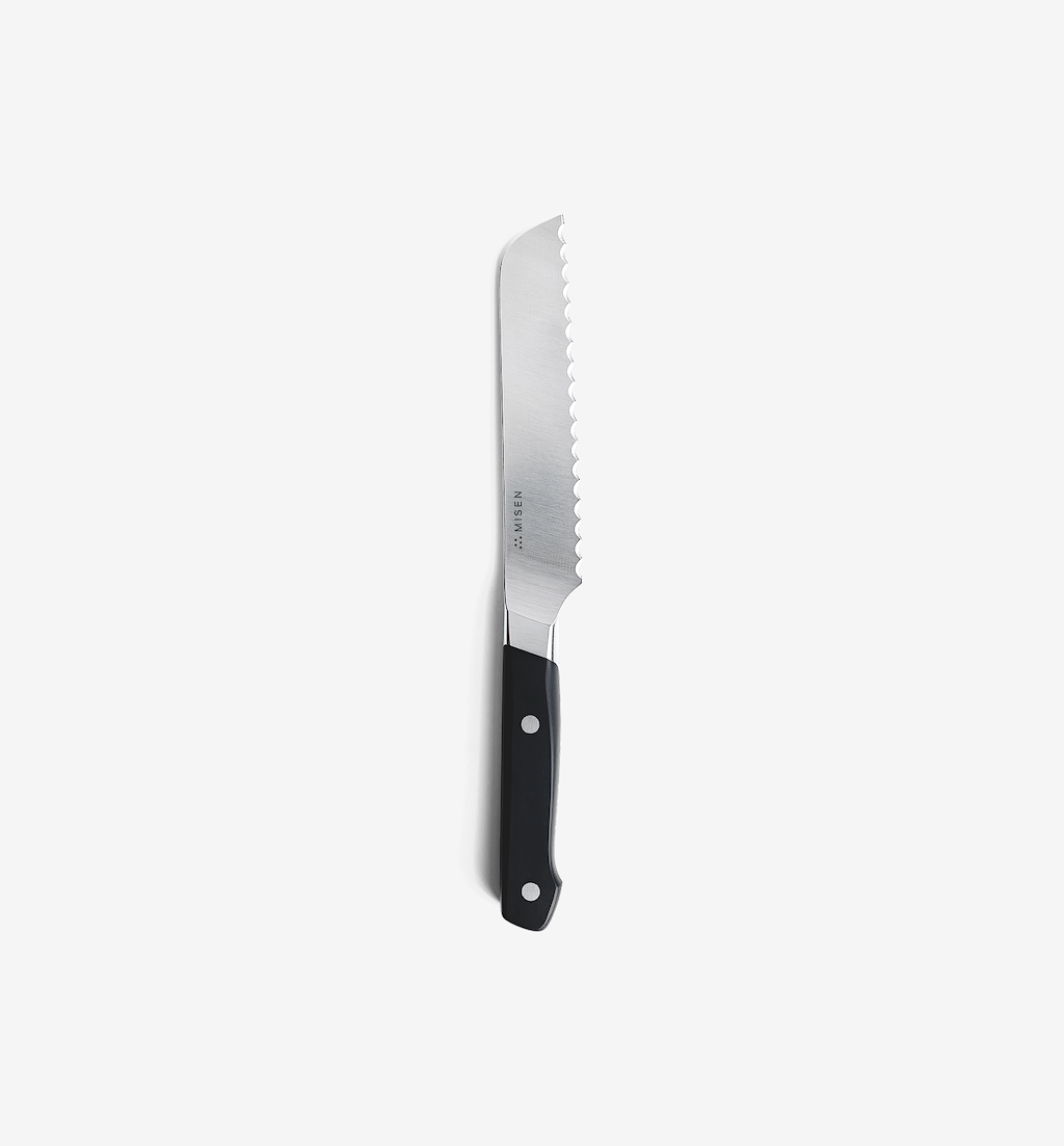 Misen serrated bread knife with black handle and stainless steel blade