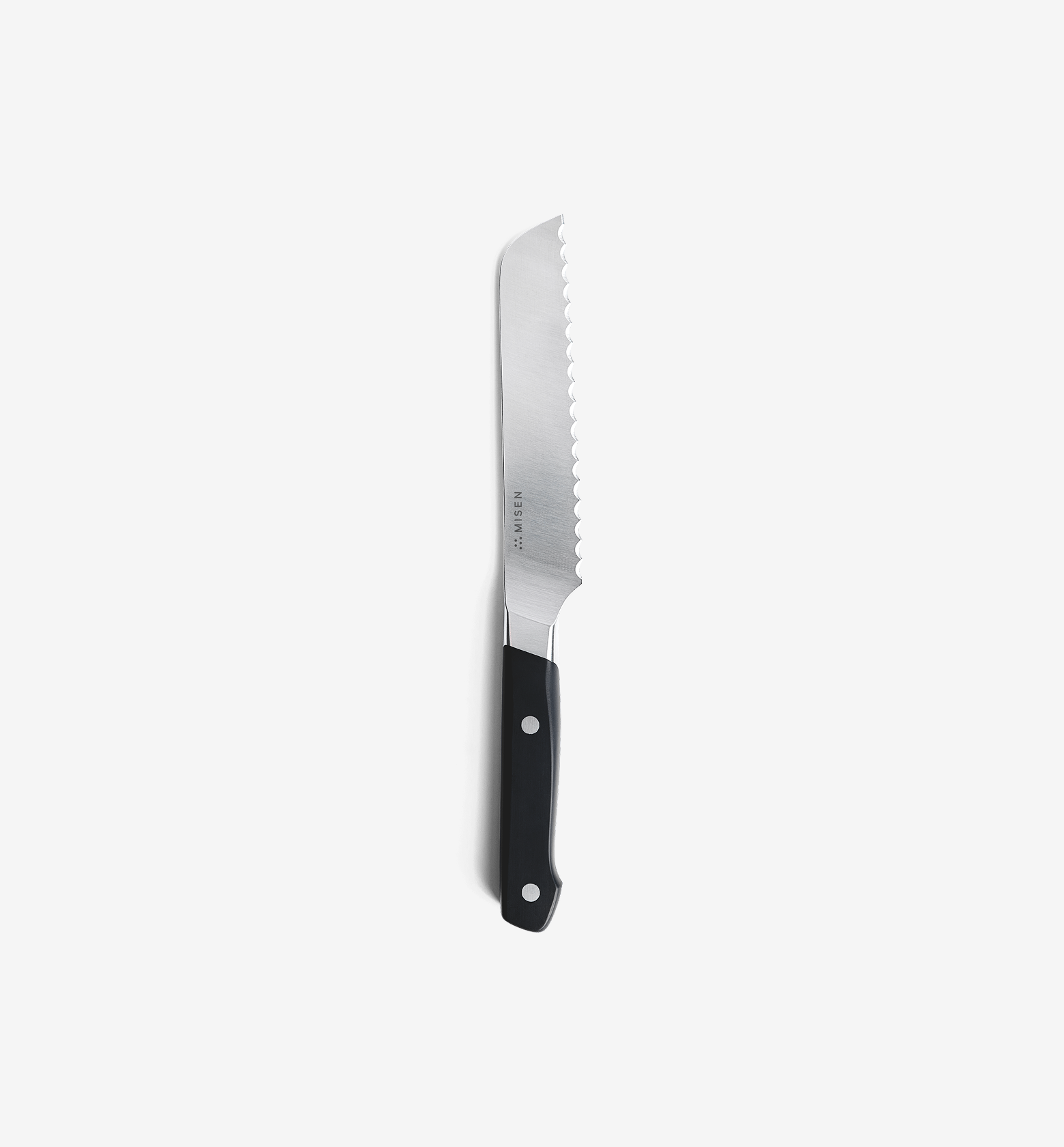 Misen serrated bread knife with black handle and stainless steel blade
