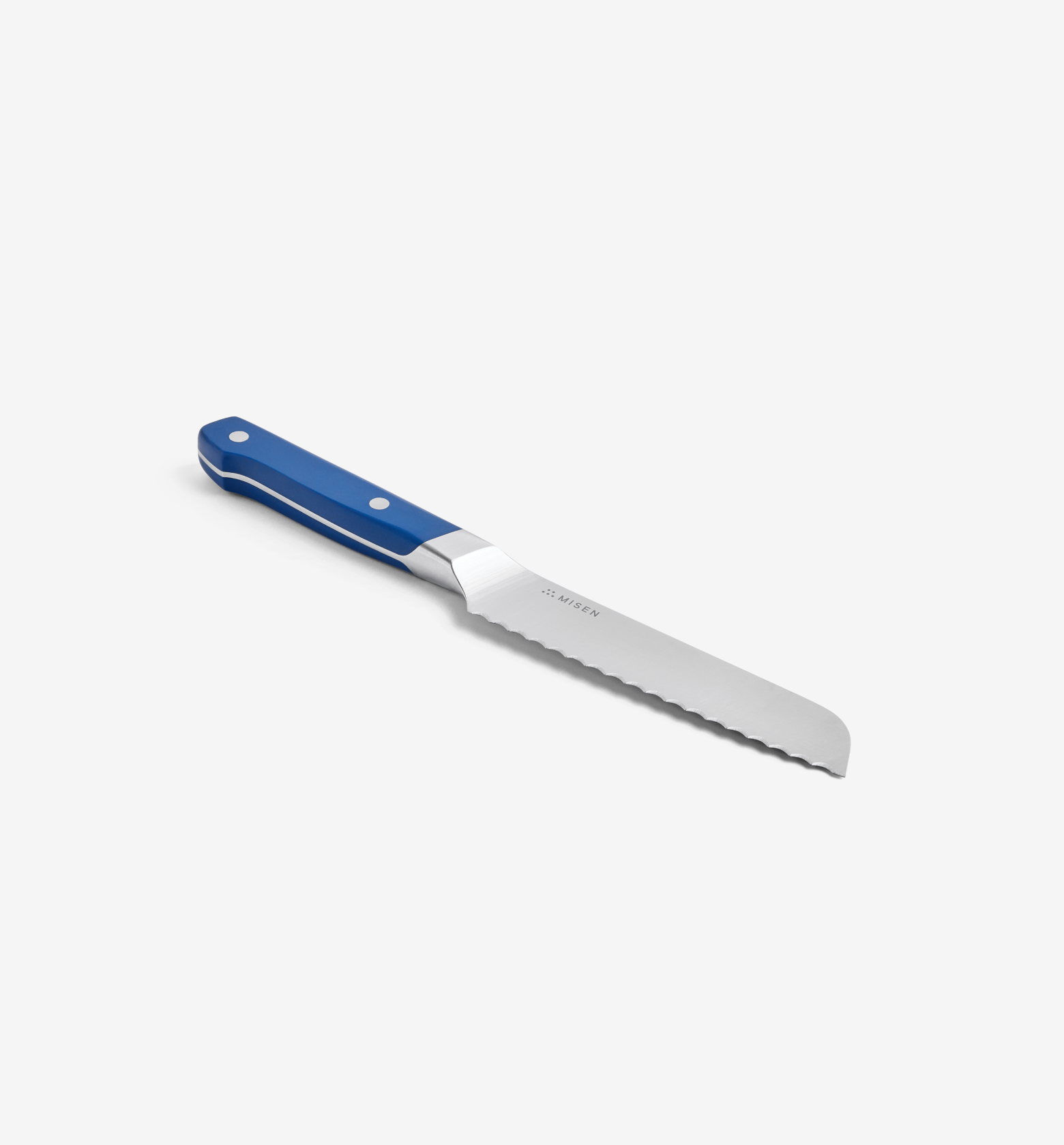 Misen serrated utility knife with blue handle, stainless steel blade