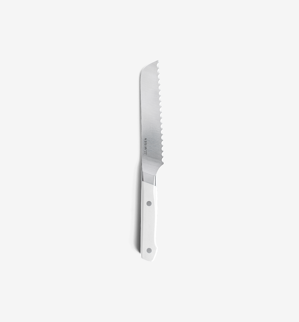 Misen serrated bread knife with white handle and stainless steel blade