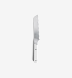 Misen serrated bread knife with white handle and stainless steel blade