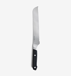 Misen serrated bread knife with black handle and stainless steel blade