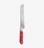 Misen bread knife with red handle and serrated stainless steel blade