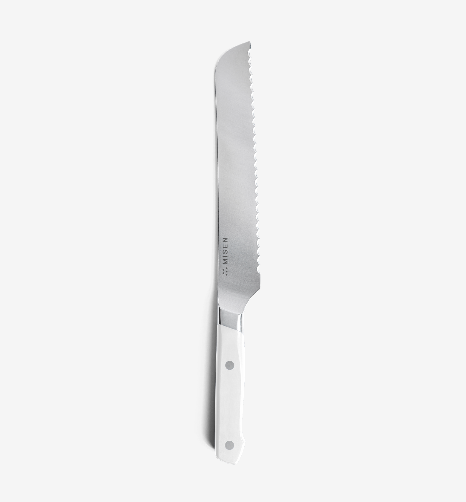 Misen serrated bread knife with white handle and stainless steel blade