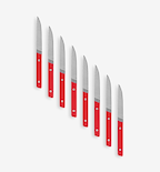 Set of 8 red-handled serrated steak knives with stainless steel blades