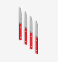 Set of 4 serrated steak knives with red handles and stainless steel blades