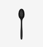 Black silicone slotted spoon with small drainage holes and ergonomic handle