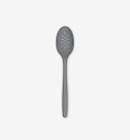 Gray silicone slotted spoon with perforated bowl and long handle