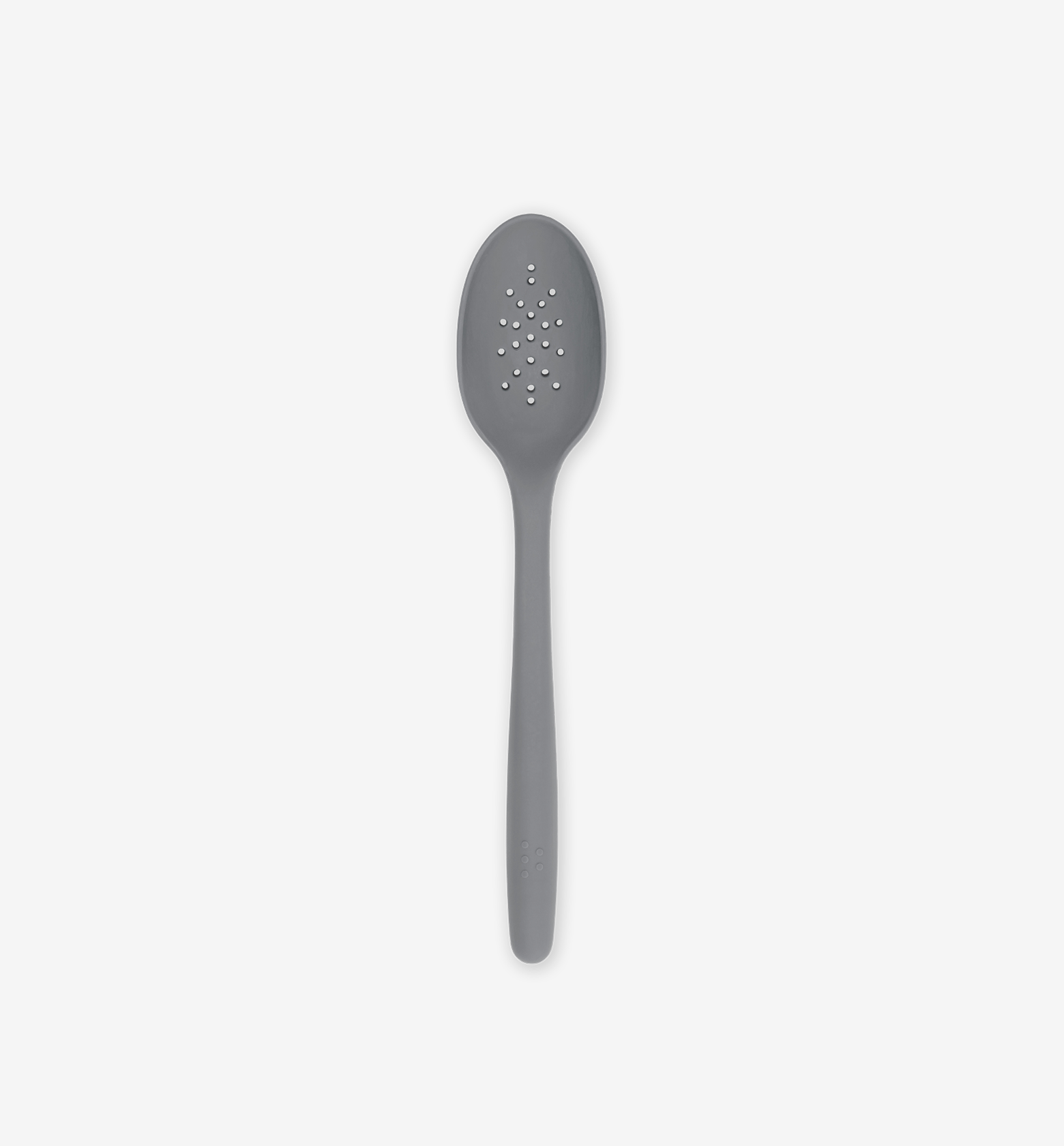 Gray silicone slotted spoon with perforated bowl and long handle