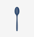 Blue silicone slotted spoon with perforated bowl and long handle