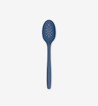 Blue silicone slotted spoon with perforated bowl and long handle