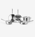 Stainless steel cookware set with frying pans, saucepan, sauté pan, and stock pot with lids