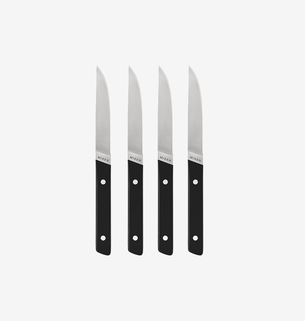 Misen steak knife set of 4 with black handles and stainless steel blades