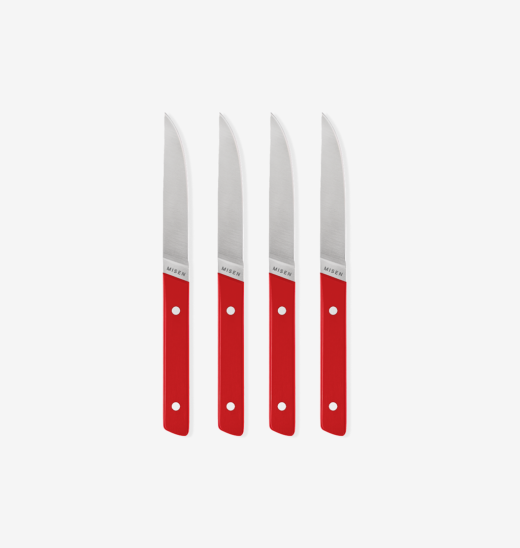 Misen steak knives set of 4 with red handles and stainless steel blades