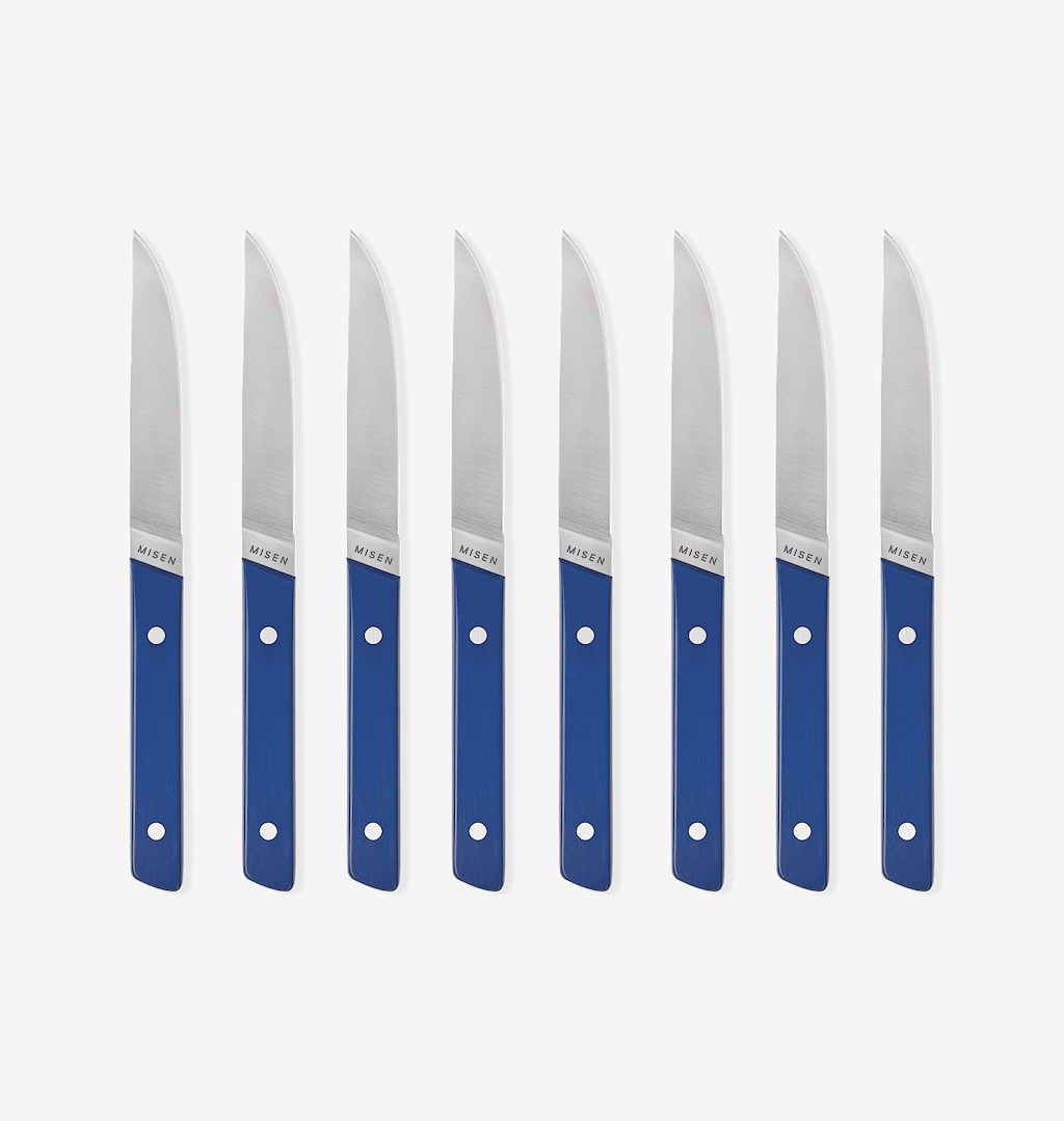 Misen steak knives set of 8 with blue handles and stainless steel blades