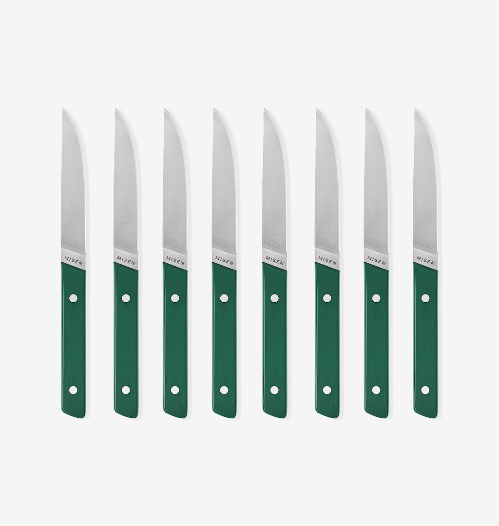 Misen steak knives set of 8 with green handles and stainless steel blades