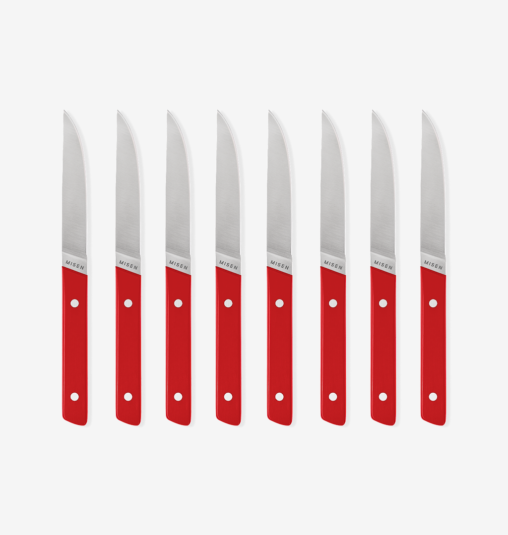 Misen steak knives set of 8 with red handles and stainless steel blades
