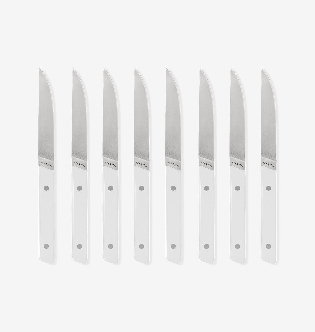 Misen steak knives set of 8 with white handles and stainless steel blades