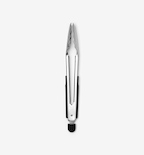 Stainless steel kitchen tongs with black rubber grip and locking mechanism