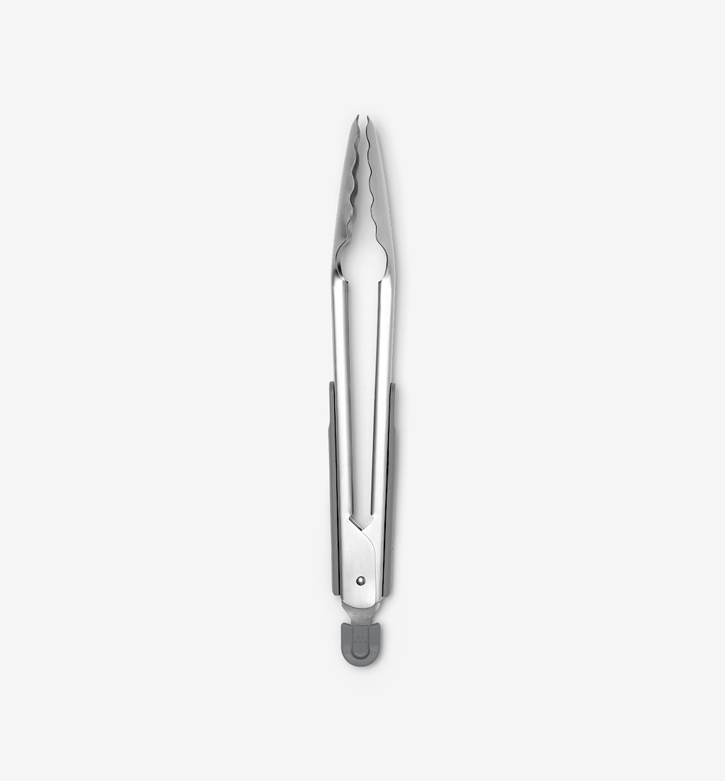 Stainless steel kitchen tongs with serrated tips and gray silicone grip ring