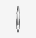 Stainless steel kitchen tongs with serrated tips and gray silicone grip ring