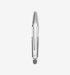 Stainless steel kitchen tongs with serrated tips and gray silicone grip ring