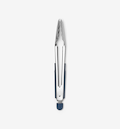 Stainless steel kitchen tongs with navy blue silicone grip and locking mechanism