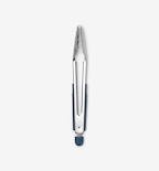 Stainless steel kitchen tongs with navy blue silicone grip and locking mechanism