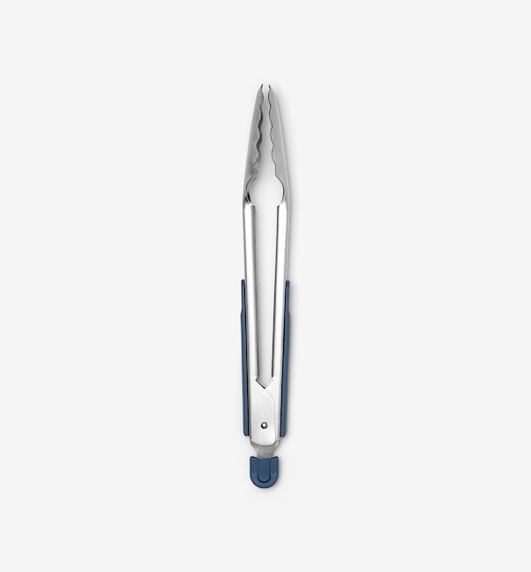 Stainless steel kitchen tongs with navy blue silicone grip and locking mechanism