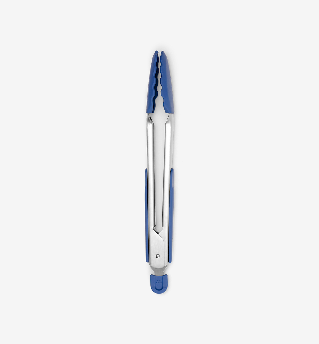 Stainless steel kitchen tongs with blue silicone tips and locking mechanism