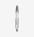 Stainless steel kitchen tongs with gray silicone tips and locking mechanism