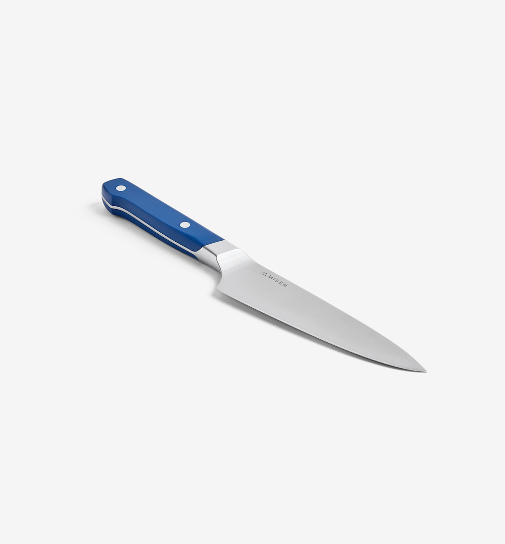 Misen utility knife with blue handle and stainless steel blade