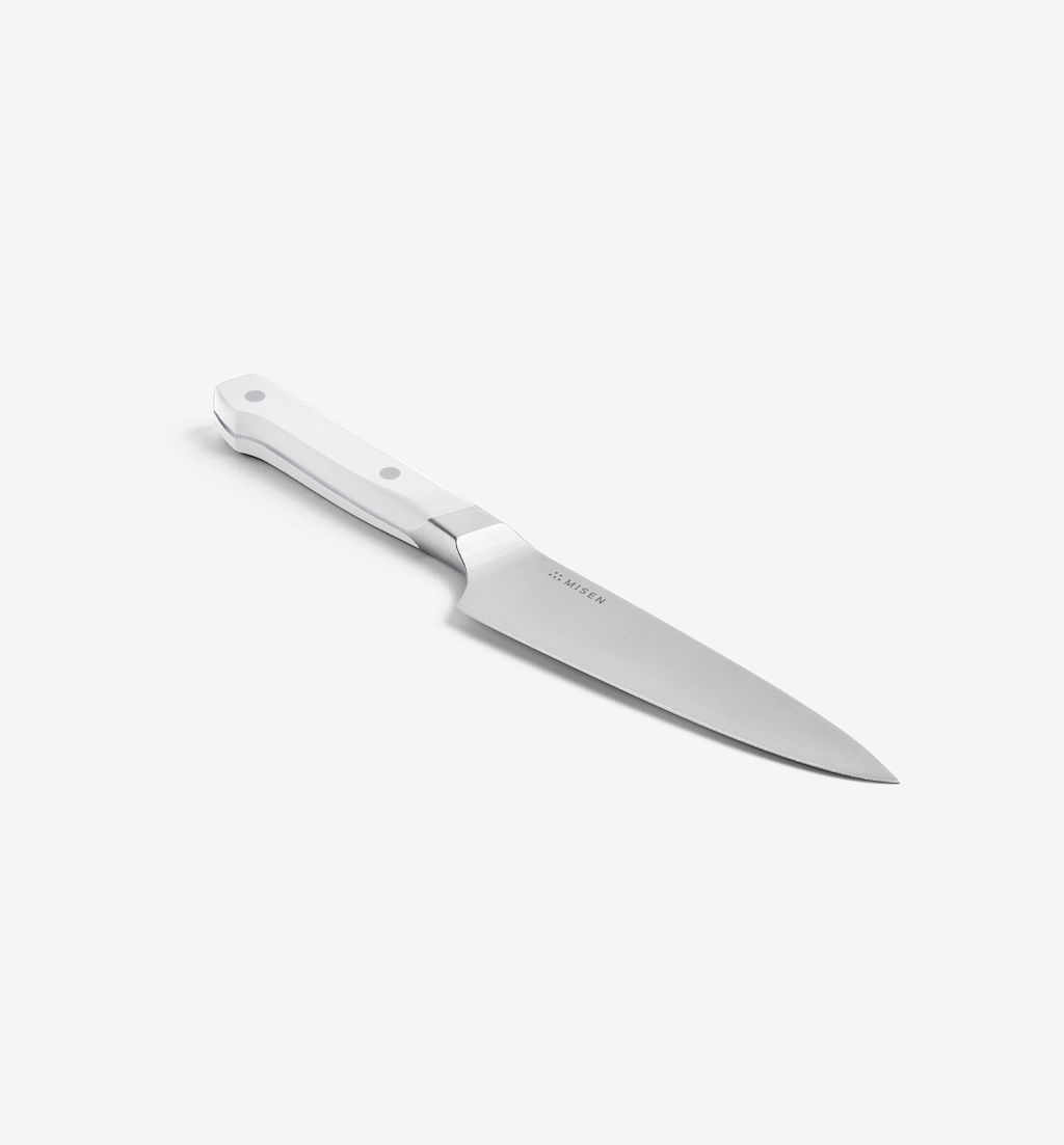 Misen utility knife with white handle and stainless steel blade