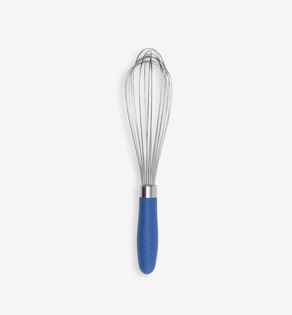 Stainless steel balloon whisk with blue silicone handle