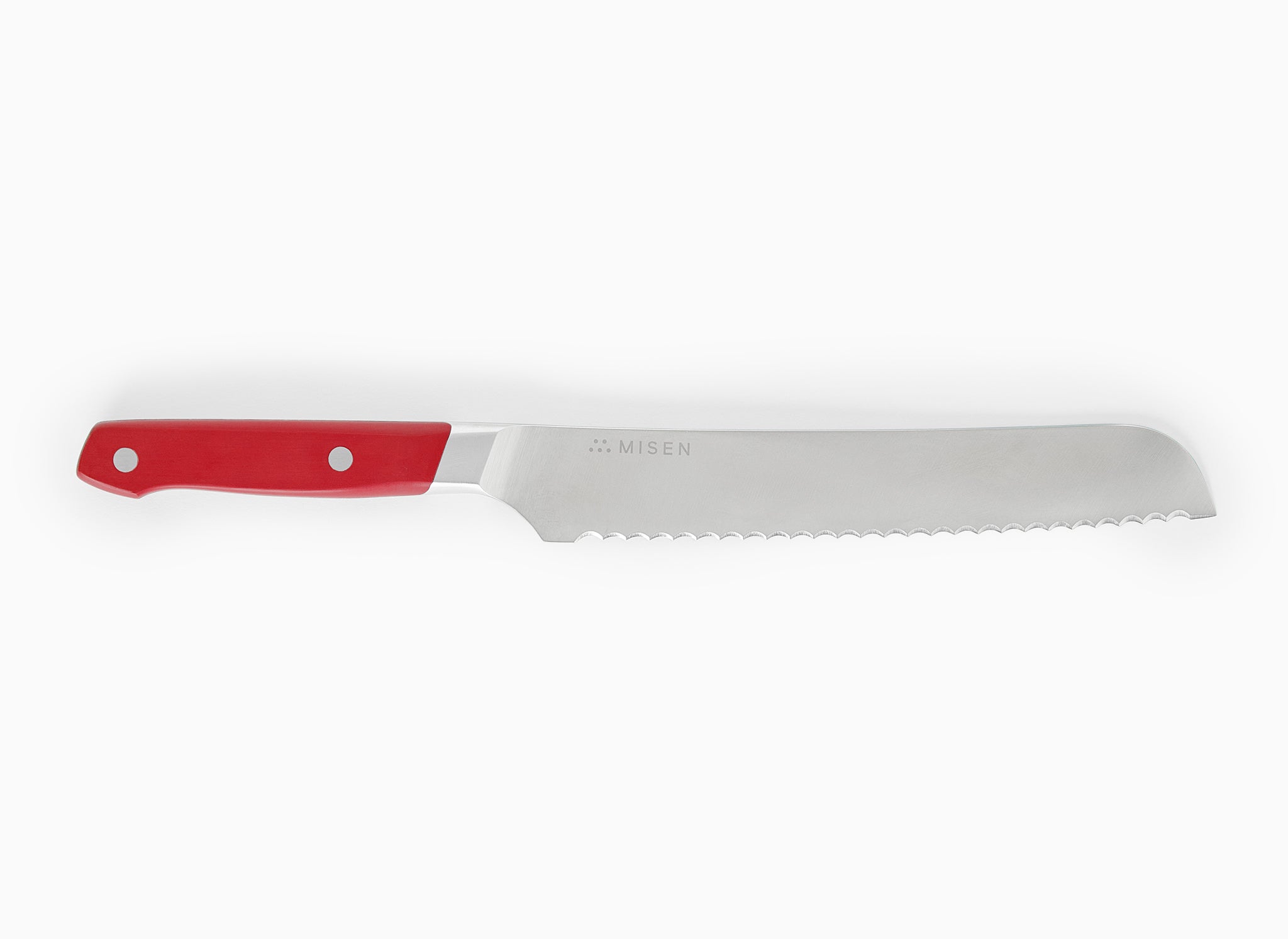 Long serrated bread knife with red two-rivet handle and stainless blade stamped MISEN.