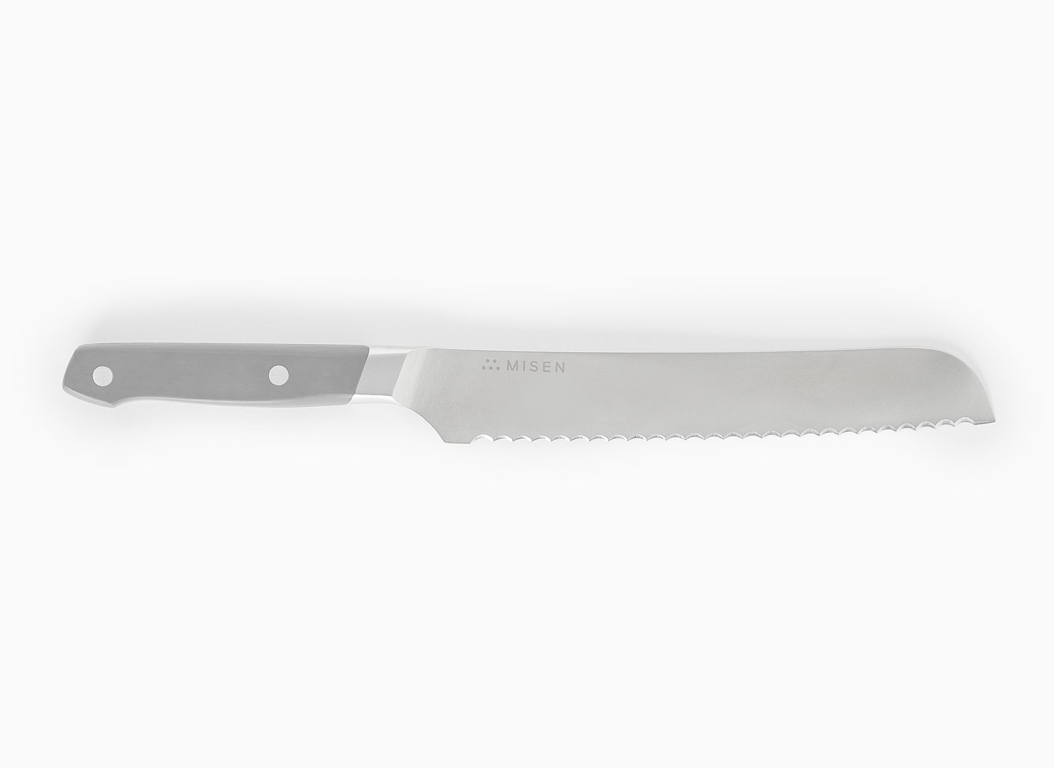 Serrated long bread knife, stainless blade stamped MISEN, gray riveted handle on white background
