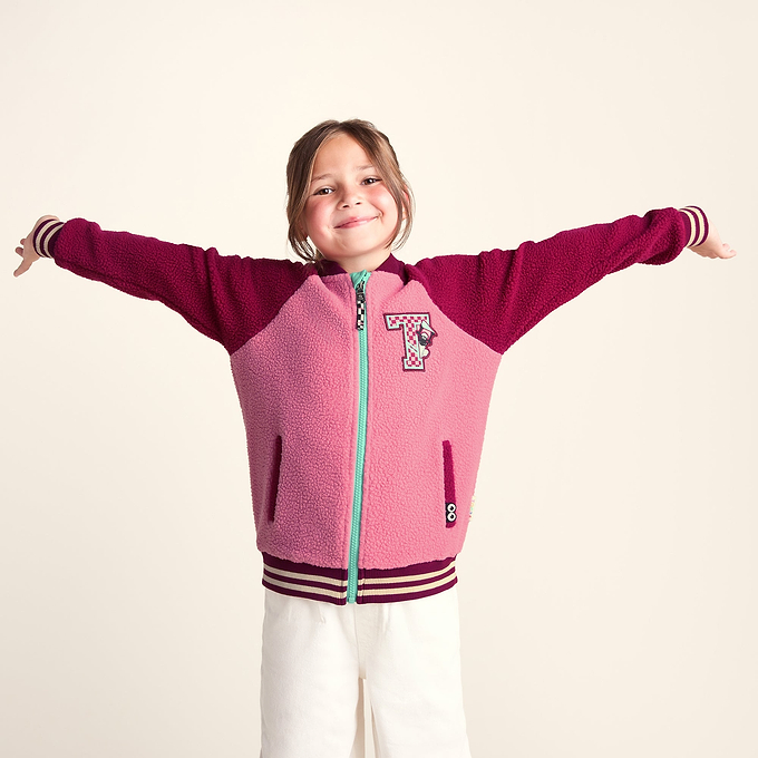 Aberfield Shaun the Sheep Kids Sherpa Varsity Bomber Jacket - Candy Floss/Beetroot Red