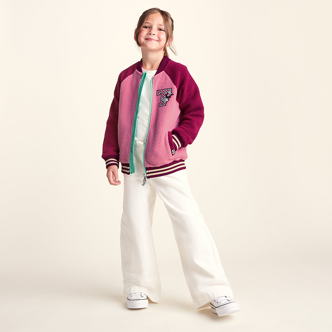 Aberfield Shaun the Sheep Kids Sherpa Varsity Bomber Jacket - Candy Floss/Beetroot Red