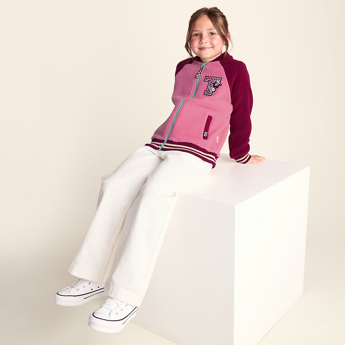 Aberfield Shaun the Sheep Kids Sherpa Varsity Bomber Jacket - Candy Floss/Beetroot Red