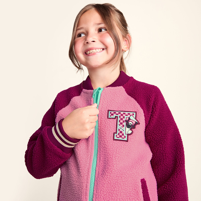 Aberfield Shaun the Sheep Kids Sherpa Varsity Bomber Jacket - Candy Floss/Beetroot Red