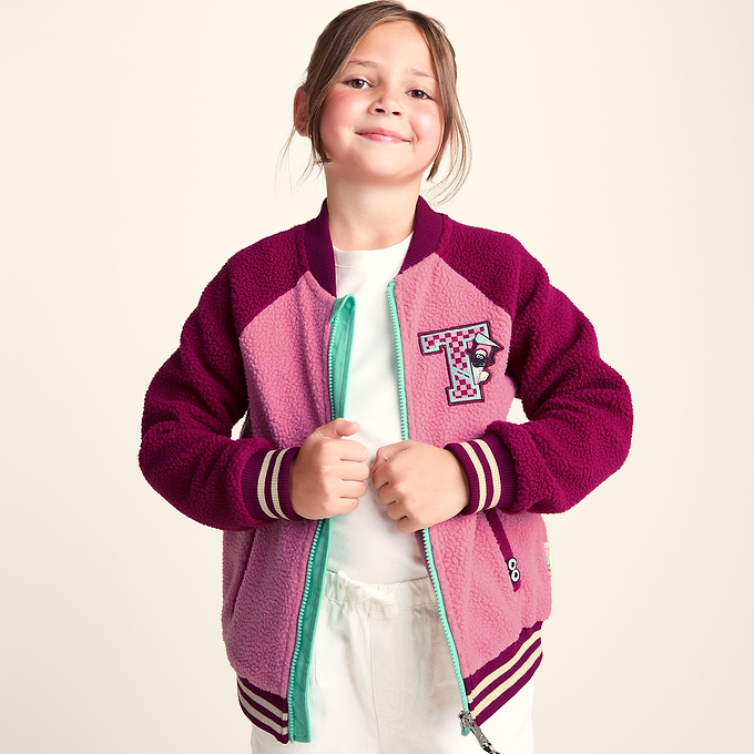 Aberfield Shaun the Sheep Kids Sherpa Varsity Bomber Jacket - Candy Floss/Beetroot Red