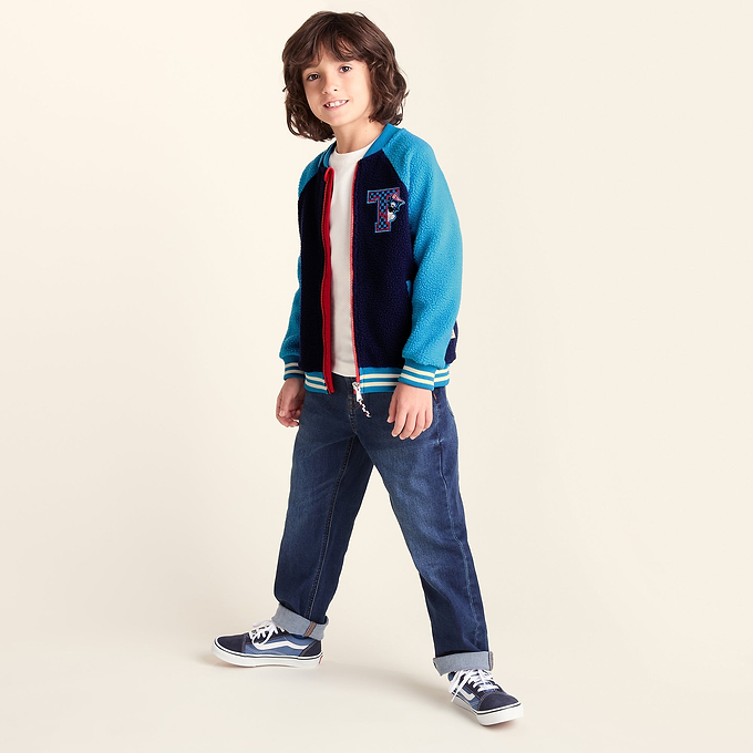 Aberfield Shaun the Sheep Kids Sherpa Varsity Bomber Jacket - Night Blue/Bondi Blue